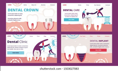 Horizontal Banners Set of Teeth Problems. Visualization of Different Ways Orthodontic Restoration as Implant, Crown. Deletion and Drilling Diseased Tooth in Human Gum. Cartoon Flat Vector Illustration