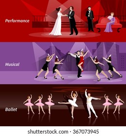 Horizontal banners set of theater people in ballet musical and performance flat vector illustration