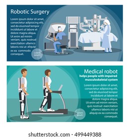 Horizontal banners set of tools for robotic surgery and the robot helps people with impaired musculoskeletal system.  Flat vector illustration