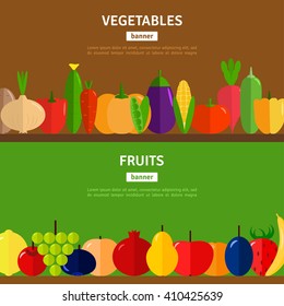 Horizontal banners set with vegetables and fruits. Vector illustration. Healthy eating concept, vegetarian diet.