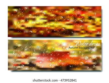 Horizontal banners set with water drops on the autumn background. Raindrops on a window. Autumn, bright background.