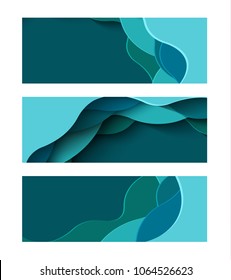 Horizontal banners set with water waves. Paper backgrounds, vector illustration