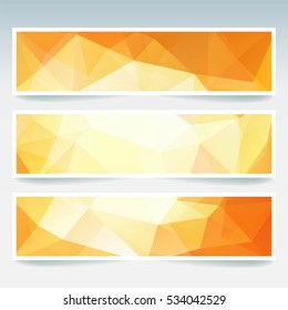 Horizontal banners set with yellow, white, orange polygonal triangles. Polygon background, vector illustration