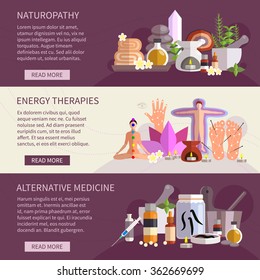   Horizontal banners showing alternative medicine flat icons set isolated vector illustration