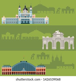 Horizontal banners with the Sights of Madrid. Almudena Cathedral, Railway station Atocha, Alcala Gate, Statue of the Bear and the Strawberry Tree. Vector illustration. 