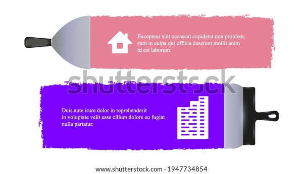 Horizontal banners with spatulas. Putty knife\
plastering. Putty smear. Apartment renovation banner template.\
Vector illustration isolated on\
white.
