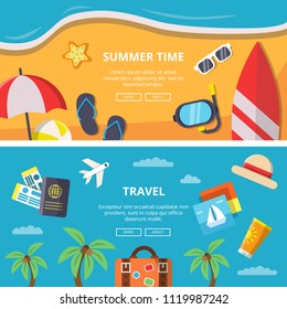 Horizontal banners with summer time pictures and travel symbols. Vector holiday banner, trip and journey, voyage tour illustration