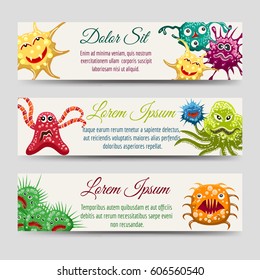 Horizontal banners template with colorful emotional monsters or microbes. Vector illustration