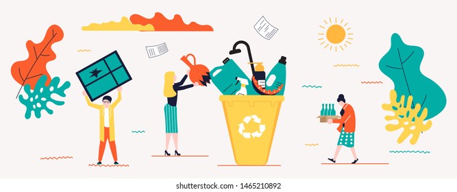 Horizontal banners template for garbage recycling. Zero waste concept poster. People sorting waste rubbish and containers images. Flat Art Vector illustration