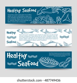 Horizontal banners template with healthy seafood design. Vector illustration