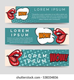 Horizontal banners template in pop art style with lips and speech bubbles. Vector illustration
