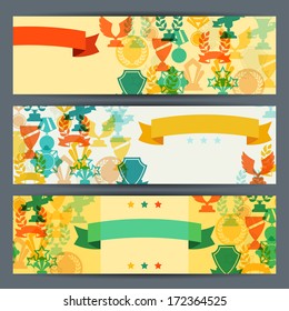 Horizontal banners with trophies and awards.