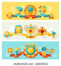 Horizontal banners with trophy and awards in flat design style.