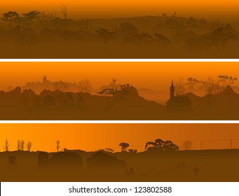 Horizontal banners of valley in the middle of wood in a morning fog.