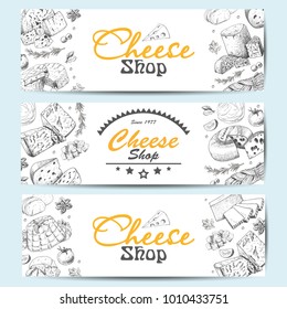 Horizontal banners with a variety of cheeses. Vector illustration for your design