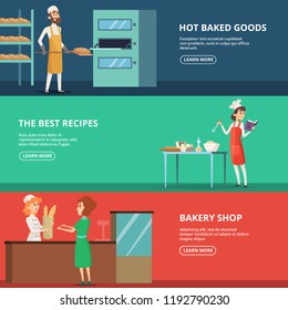 Horizontal banners of various characters bakers at work. Baker job character, cook bakery, vector illustration