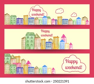 Horizontal banners with watercolor painted houses. Vibrant and happy kids design. 