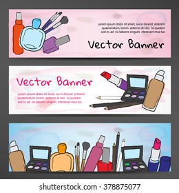 Horizontal banners in watercolor style with the image of cosmetics