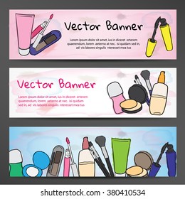 Horizontal banners in watercolor style with the image of cosmetics
