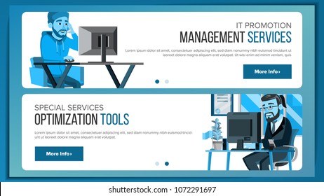 Horizontal Banners Website Design Vector. Business Project. Technical Online Support. Onboarding Screen. Cartoon Team. Evolution System. Illustration
