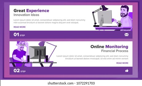 Horizontal Banners Website Design Vector. Business Landing. Responsive Banner Interface. Onboarding Screen. Cartoon Person. Brainstorming Communication. Illustration
