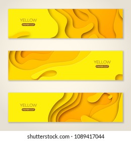 Horizontal banners with yellow paper cut shapes. Vector illustration. 3D abstract carving art.