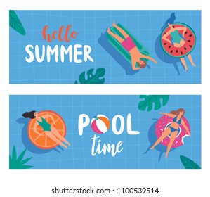 Horizontal banners with young people swimming in the pool on rubber rings. Vector illustration.
