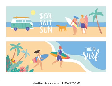 Horizontal banners. Young surfers with their surfboards at the beach. Vector illustration.