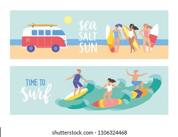 Horizontal banners. Young surfers with their surfboards at the beach. Vector illustration.