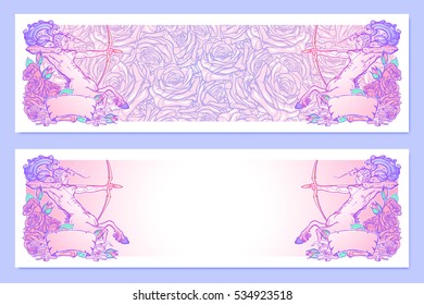 Horizontal banners with Zodiac Sagittarius and a decorative frame of roses. Astrology web element. Tattoo design. Sketch in pastel pallette isolated on pattern background. EPS10 vector illustration
