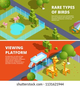 Horizontal banners with zoo and funny animals. Isometric 3d illustrations. Vector rare type bird and viewing platform banner