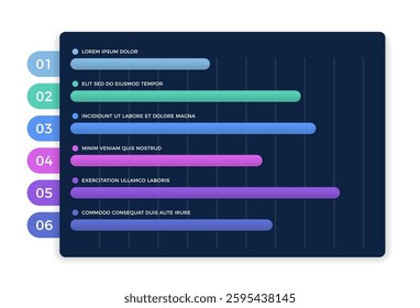 Horizontal bar chart with six elements, infographic template, dark background, vector eps10 illustration