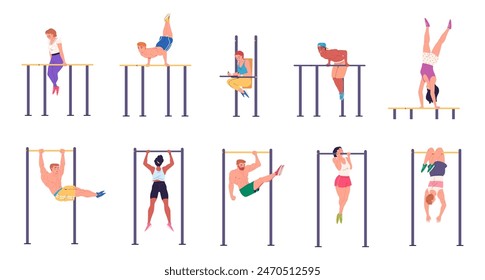 Horizontal bar chin up. People chin-up pull-ups exercise on bars outdoor gym street workout fitness training physical exercises sport athlete activity, classy vector illustration of workout exercise