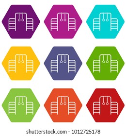Horizontal bar with climbing rings and ladder icon set many color hexahedron isolated on white vector illustration