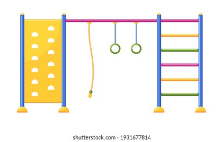 Horizontal bar with climbing wall, rope, ladder and gymnastic rings for outdoor exercise. Kids playground equipment for workout. Vector colorful flat illustration isolated on white background