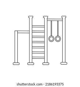Horizontal bar with climbing wall, rope, ladder and gymnastic rings for outdoor exercise. Kids playground equipment for workout. Vector colorful flat illustration isolated on white background
