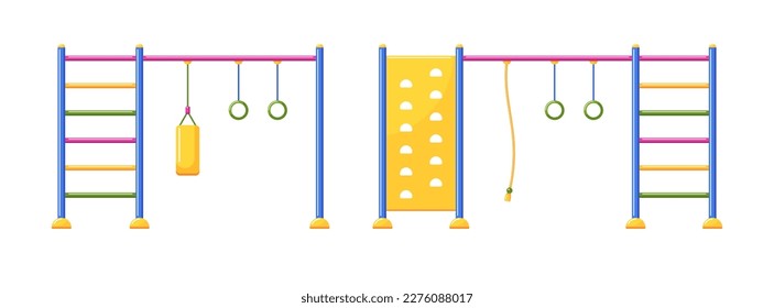 Horizontal bars with ladder, punching bag, climbing wall, rope and gymnastic rings for children's sports games. Playground equipment. Vector colorful flat illustration isolated on white background