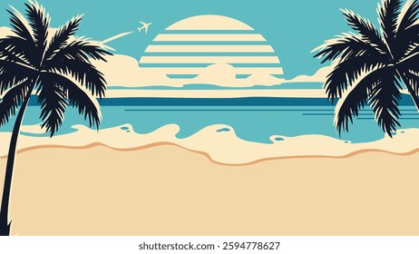 Horizontal Beach Panorama Background with Sea and Palm Trees in Retro Style. Landing page, web page for beach party in retro style. Beach vacation, travel, vacation in hot countries. Vector