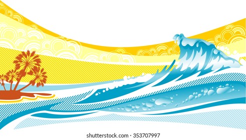 Horizontal Beach Tropics-Stylized composition of a surfer's wave illustration