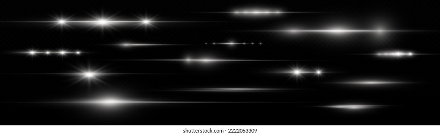 Horizontale Lichtstrahlen. Schöne Lichtreflektionen. Glühende Streifen auf hellem Hintergrund. Glühender abstrakter, funkelnder Hintergrund. Set von weißen horizontalen Highlights. Laserstrahlen. Funken und Sterne.