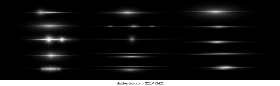 Horizontal beams of light. Beautiful light reflections. Glowing stripes on a light background. Glowing abstract sparkling background. Set of white horizontal highlights. Laser beams. spark and stars.
