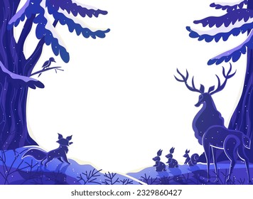 Horizontal beautiful forest landscape. Panoramic view, frame with trees, forest, animals. Deer, fox, rabbits, squirrel. Cartoon flat vector illustration