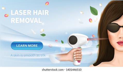 Horizontal Beauty Banner with Young Woman Applying Laser Hair Removal Procedure. Female Face in Dark Glasses and Perfect Smooth Silk Skin. Beautician, Health Care. 3D Vector Realistic Illustration