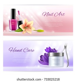 Horizontal beauty banners of pedicure and manicure salon elements with tender flowers. Colorful realistic vector illustration