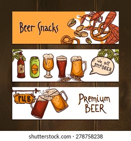 Horizontal beer banners sketch set with snacks jugs bottles and pub sign isolated vector illustration