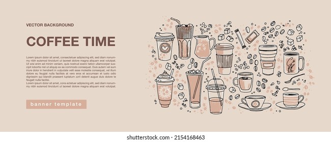 Horizontal beige color banner for marketing campaign, advertising, promotions. Hand drawn various linear coffee cups, mugs, frappe glasses, coffee beans, sugar and spoons in the right side and text