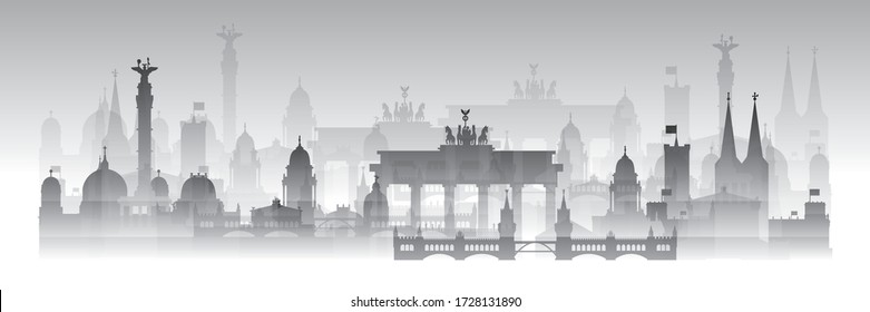 Horizontal Berlin skyline travel illustration with architectural landmarks and fog. Berlin traveling concept, German tourism and journey vector background in gradient white and black colors.