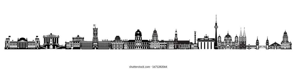 Ilustración horizontal de Berlín con puntos de referencia arquitectónicos. Concepto de viajes a nivel mundial. Imagen panorámica de monumentos de Berlín. Turismo alemán y fondo vectorial de viaje. Ilustración de las existencias