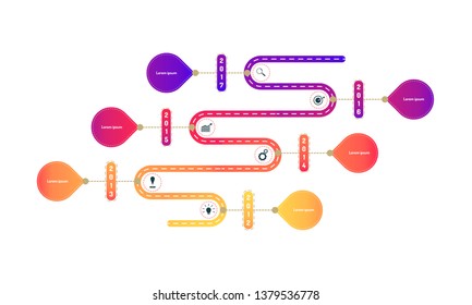 horizontal bevel way roadmap timeline elements with markpoint graph think search gear target icons. vector illustration eps10