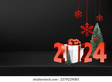 Horizontal black 3d banner with red 3d 2024 lettering and gift box. Red snowflakes and green Christmas trees. Vector illustration.
